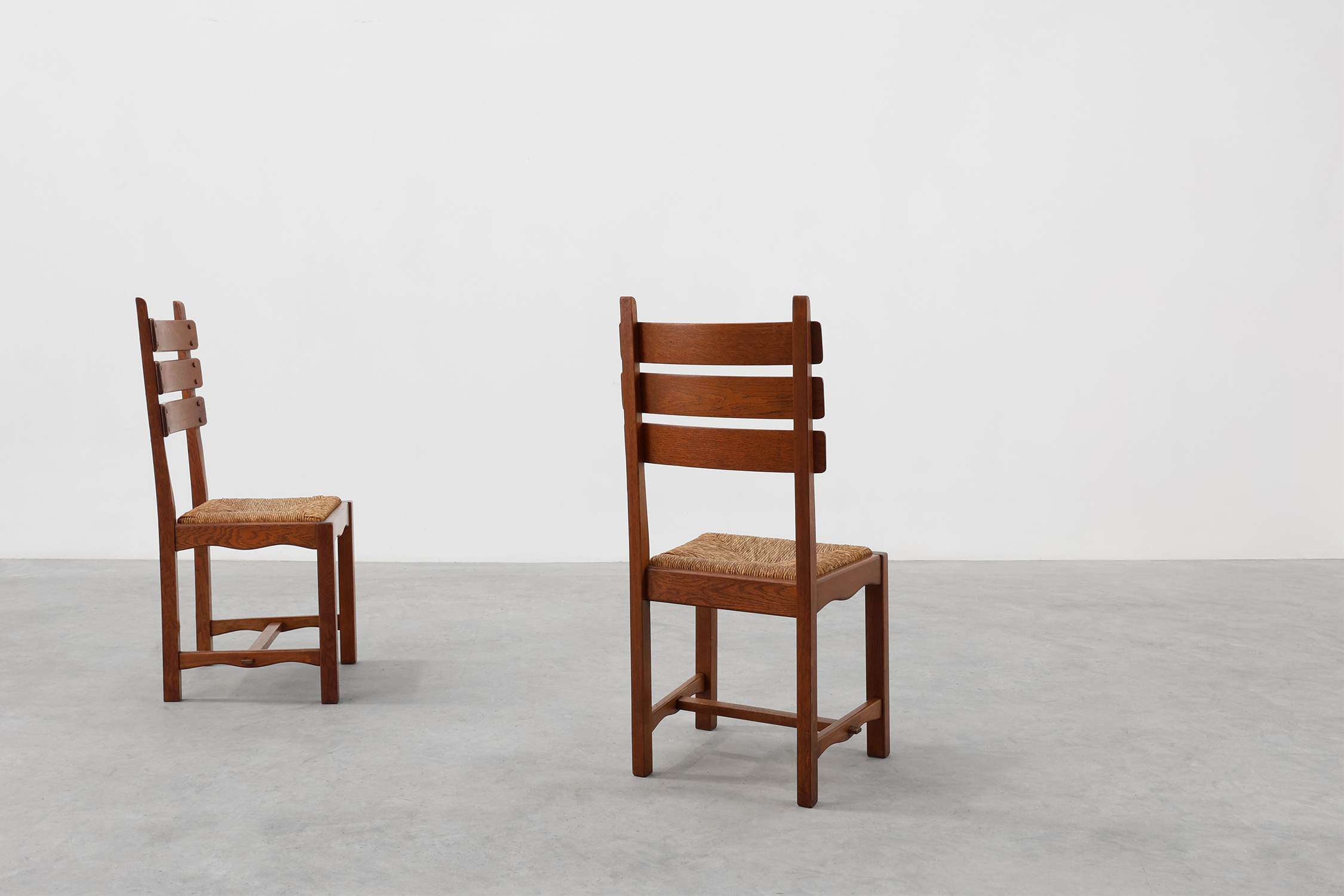 Pair of Mid-Century Brutalist Oak and Wicker Chairs, Belgium, 1960thumbnail